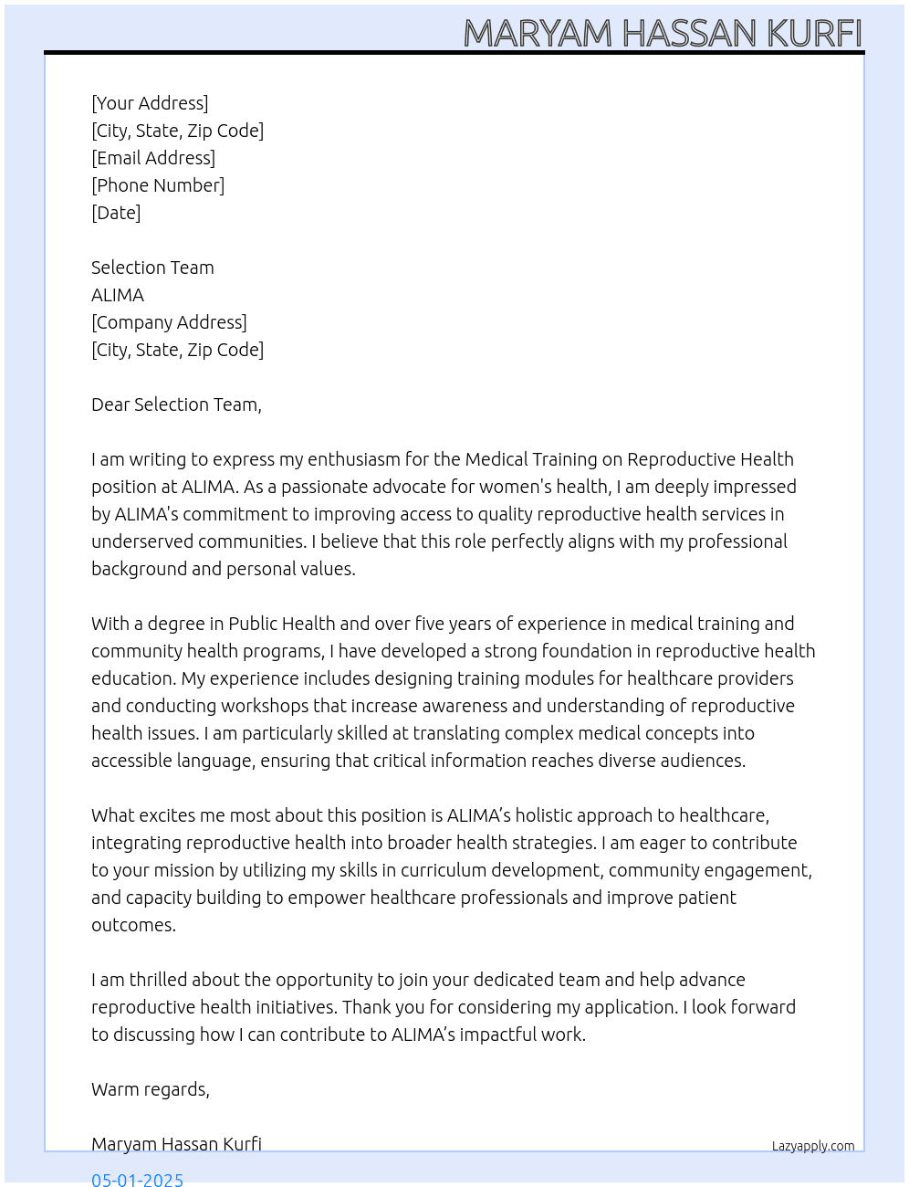 Medical Training on Reproductive Health At ALIMA Cover Letter