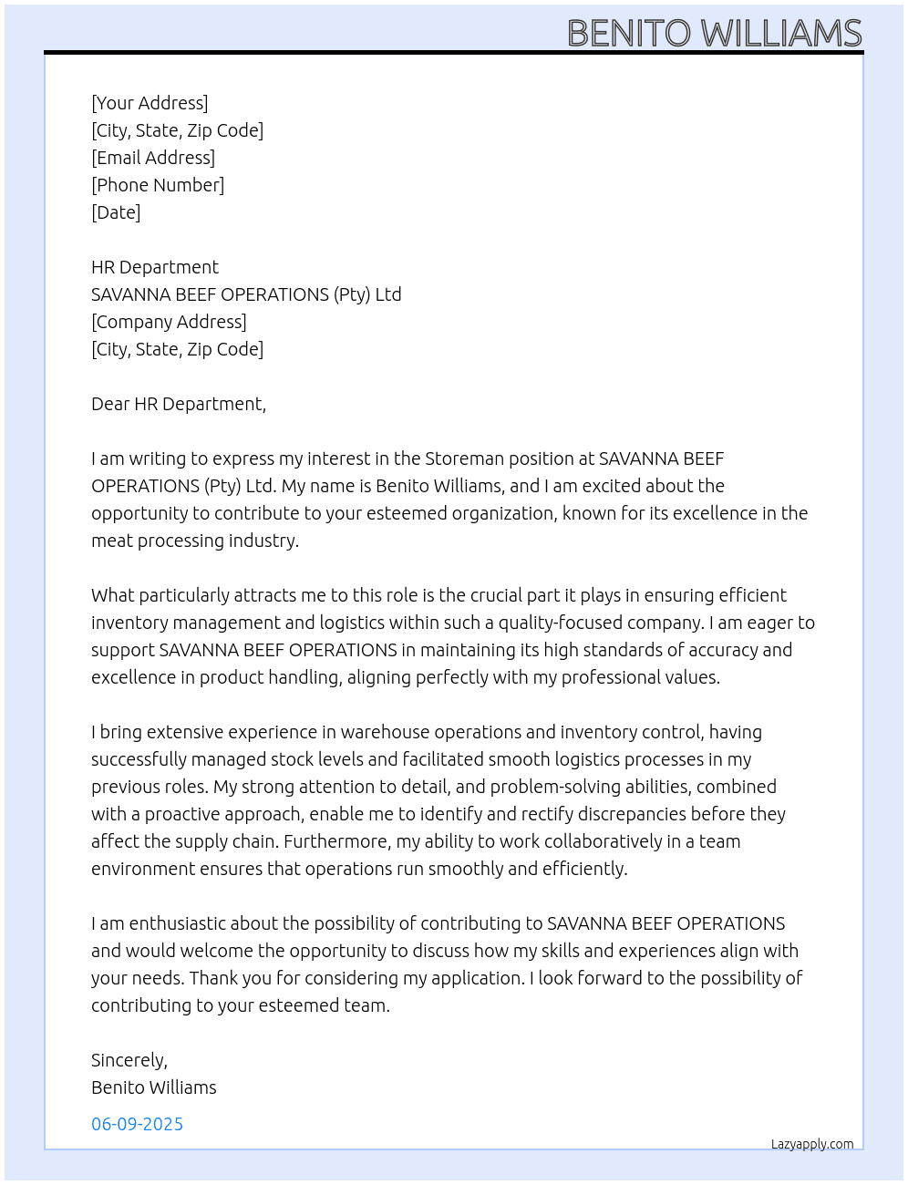 Storeman At SAVANNA BEEF OPERATIONS (Pty) Ltd Cover Letter