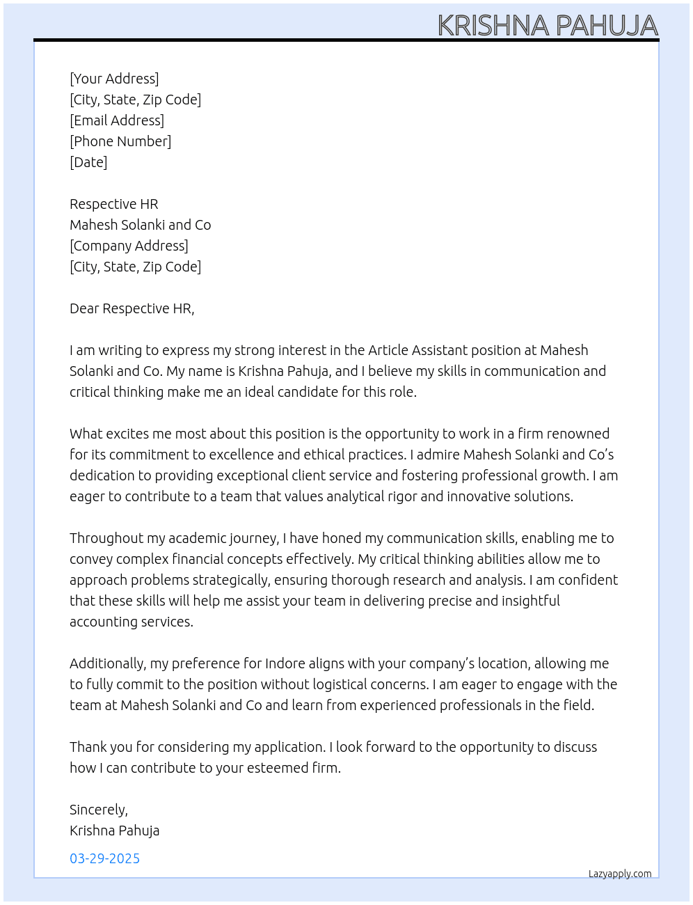 Article Assistant At Mahesh Solanki and Co Cover Letter