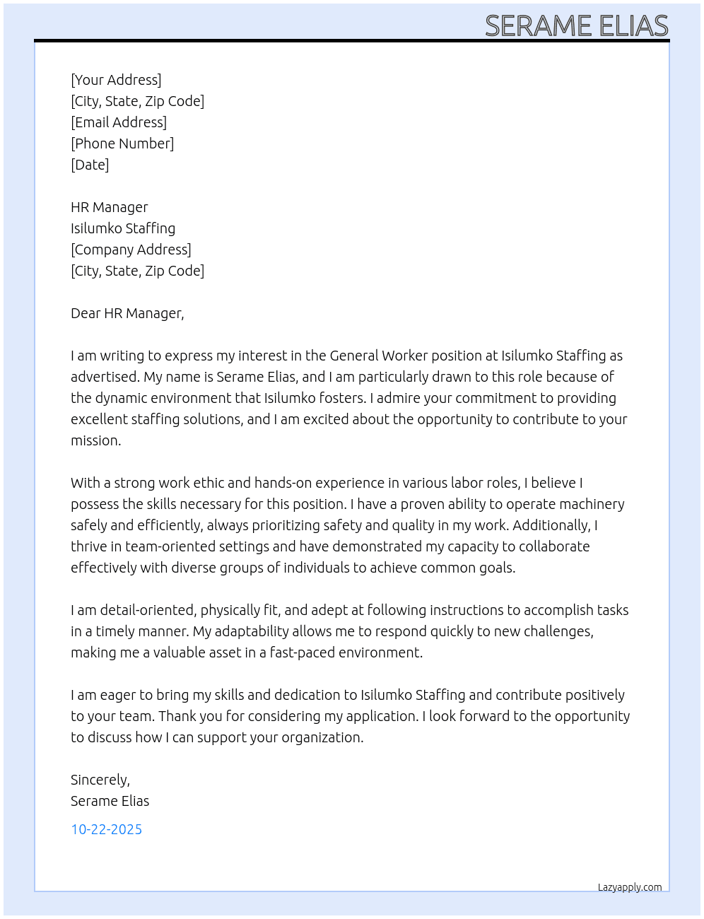 General worker At Isilumko staffing Cover Letter