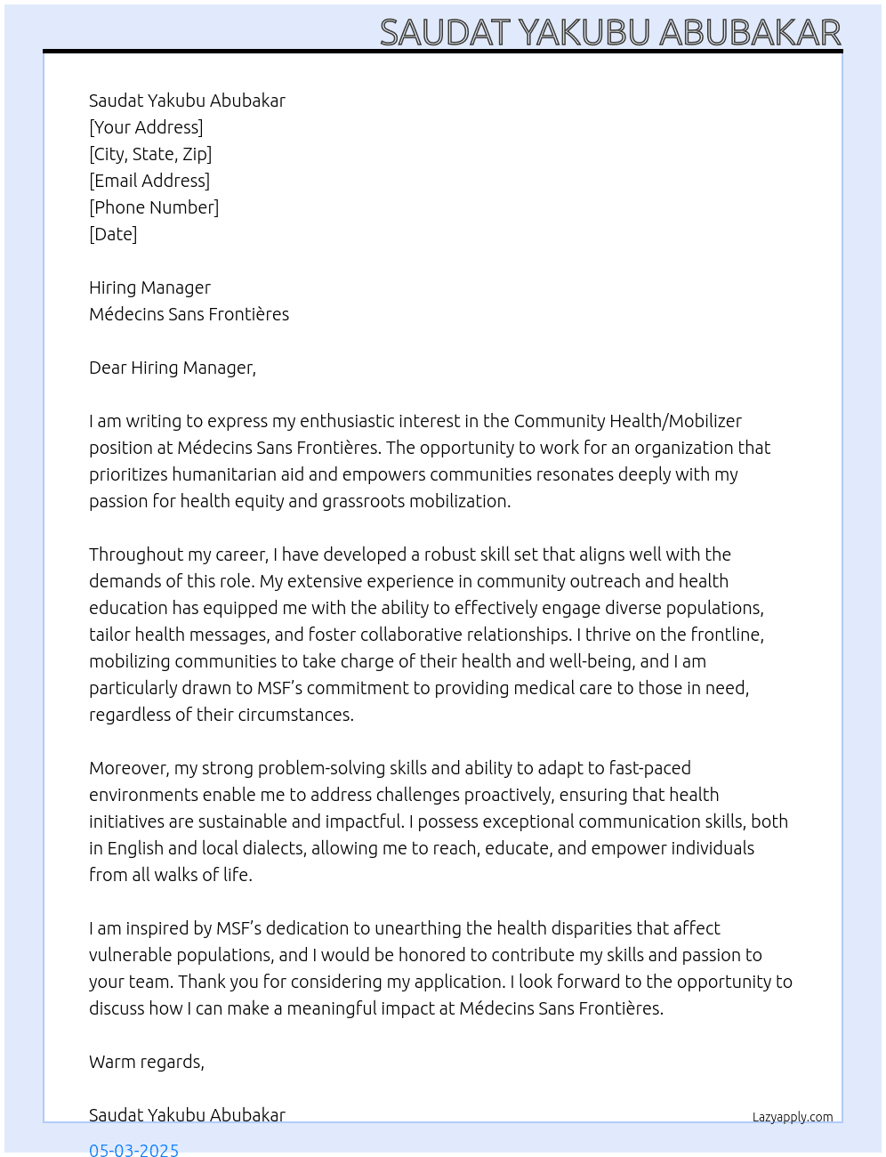 Community health/Mobilizer At Medicins Sans Frontieres Cover Letter