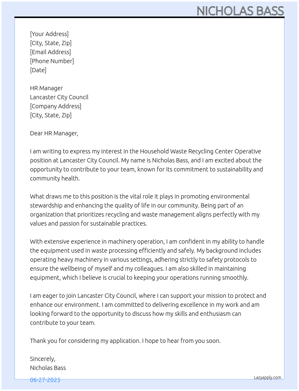 Household Waste Recycling Center Operative At Lancaster City Council Cover Letter
