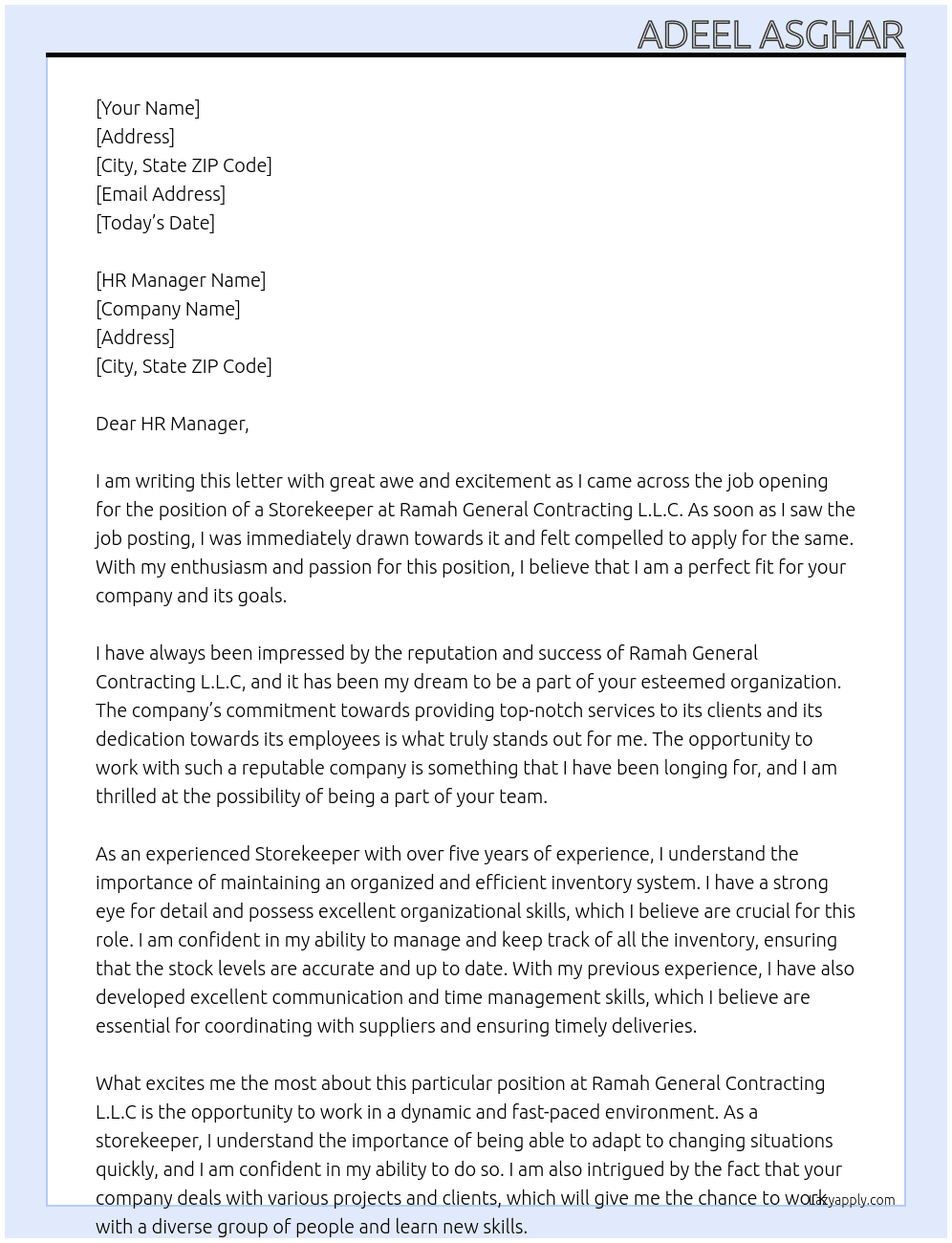 storekeeper At Ramah General Contracting L.L.C Cover Letter