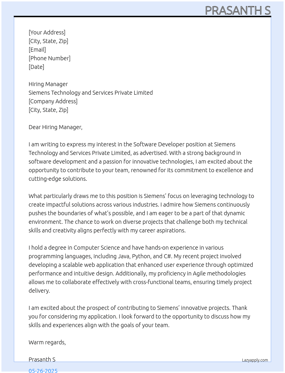 Software Developer At Siemens Technology and Services Private Limited Cover Letter