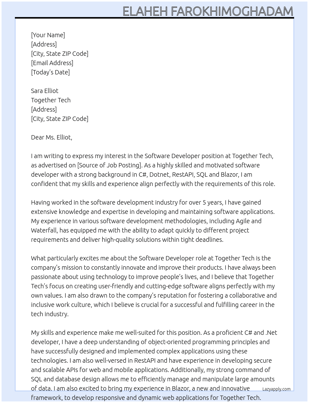 Software Developer At Together Tech Cover Letter