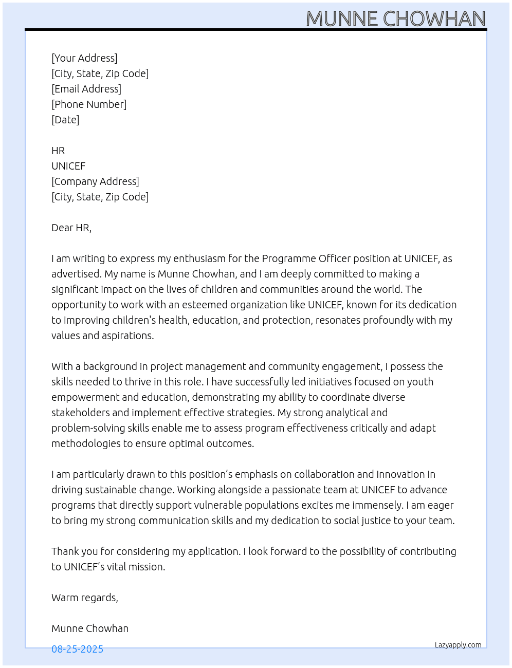 Cover letter for programme officer - LazyApply