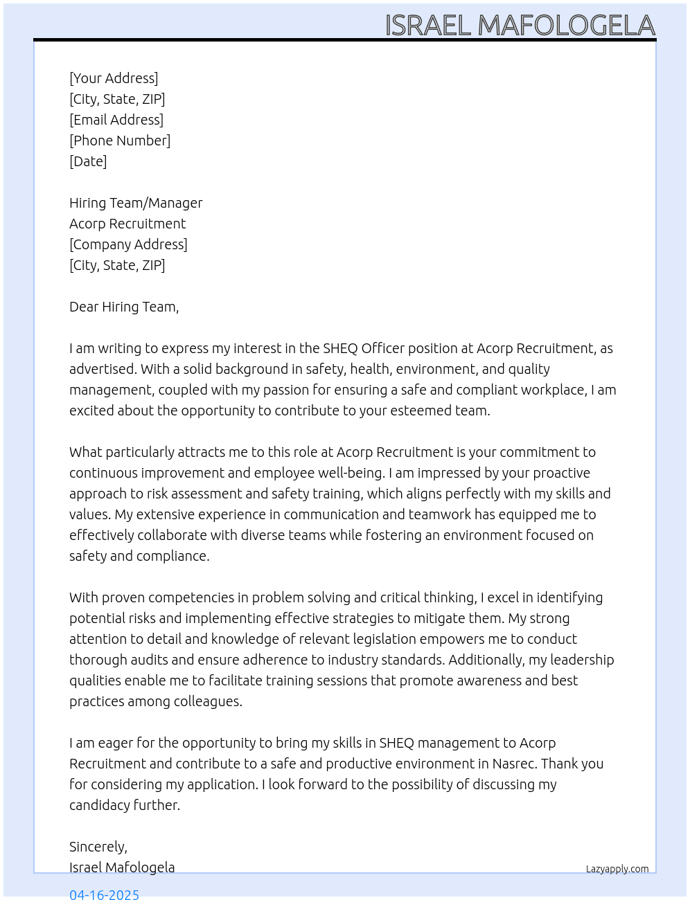 SHEQ Officer At Acorp Recruitment Cover Letter