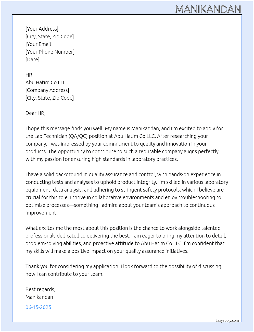 lab technician (QA/QC) At abu hatim co llc Cover Letter