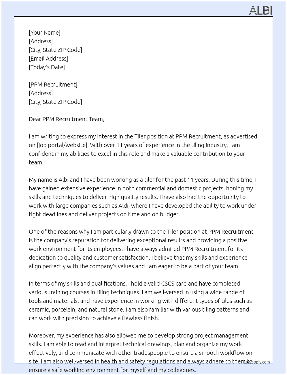 Tiler At PPM Recruitment Cover Letter