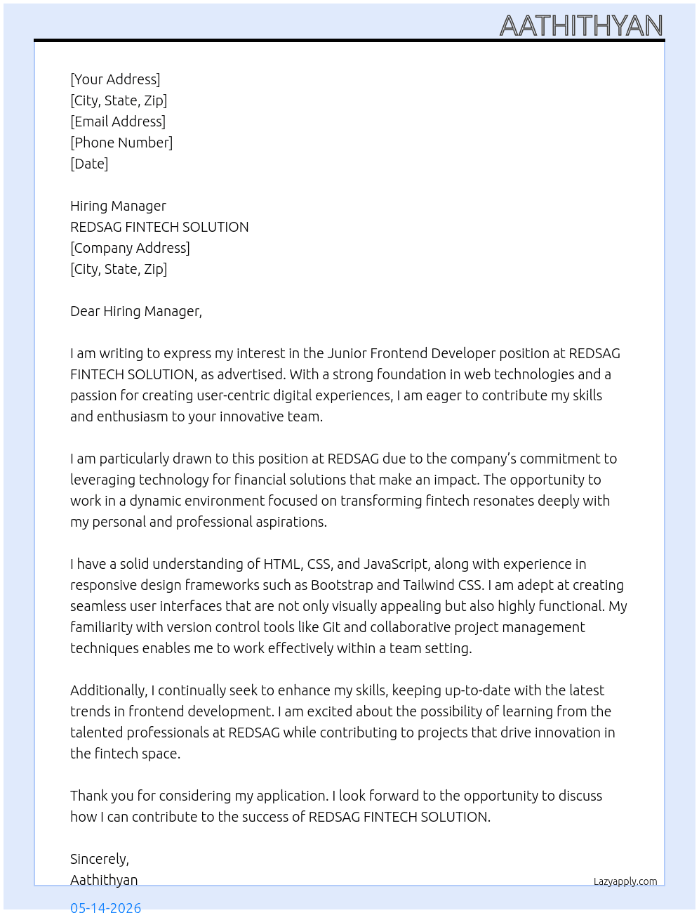 JUNIOR FRONTEND DEVELOPER At REDSAG FINTECH SOLUTION Cover Letter