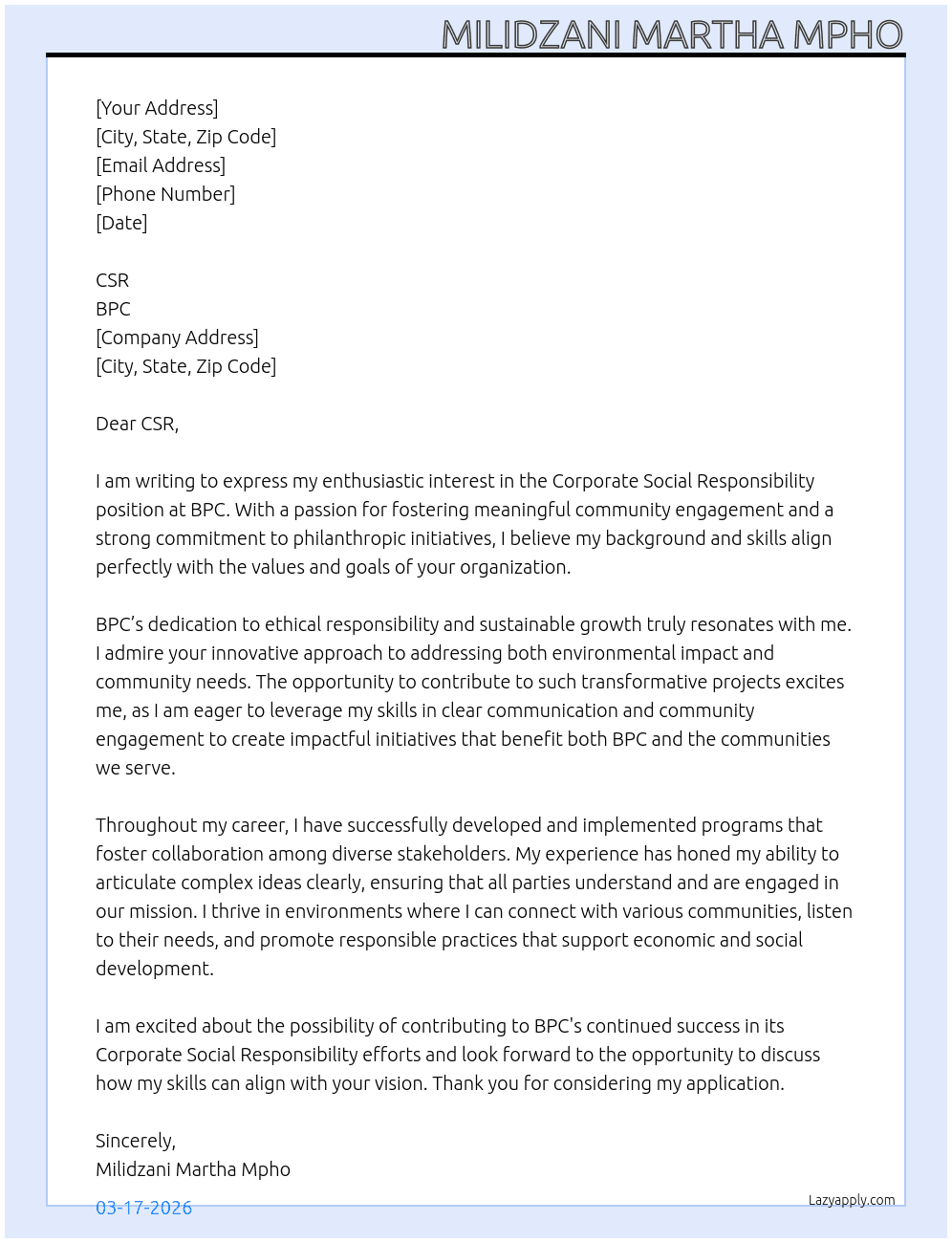 coporate social responsibility  At BPC Cover Letter