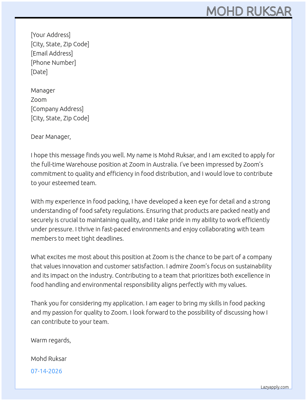 Cover letter for warehouse - LazyApply