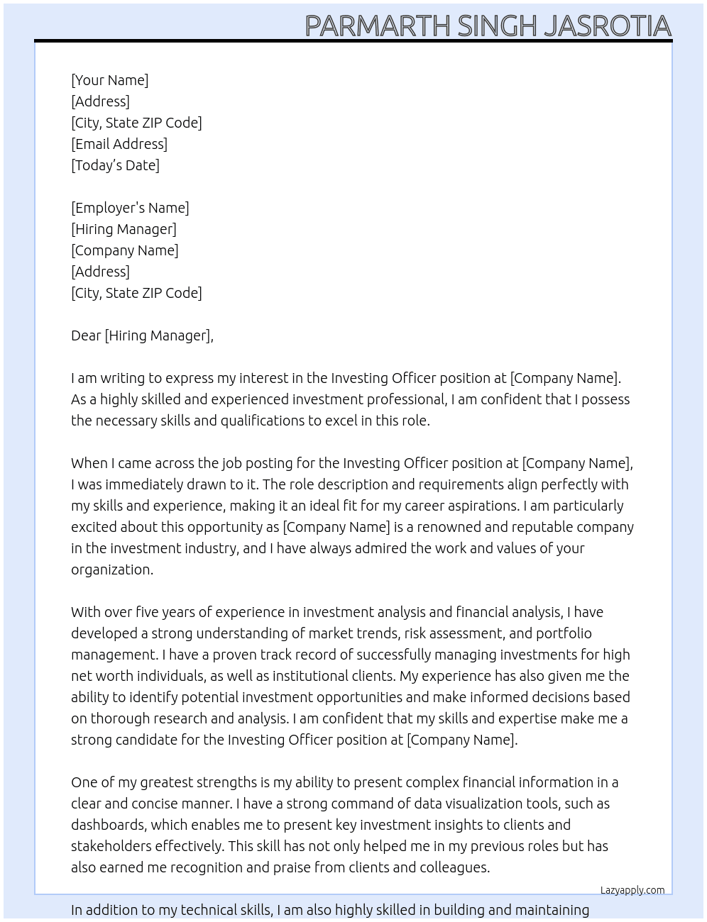 investing officer At confidential Cover Letter