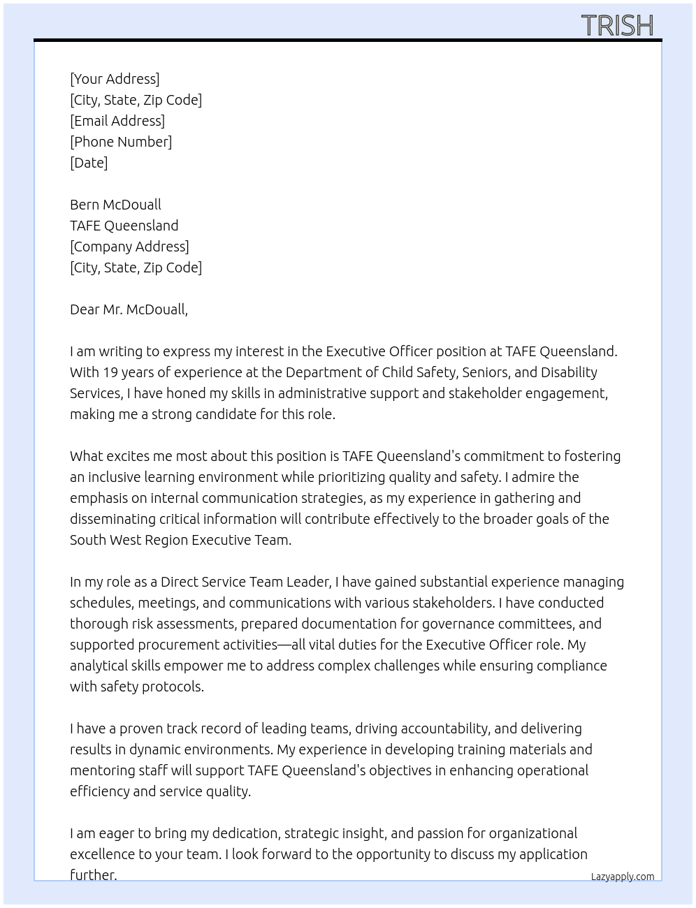 Executive Oficer At TAFE Queensland Cover Letter