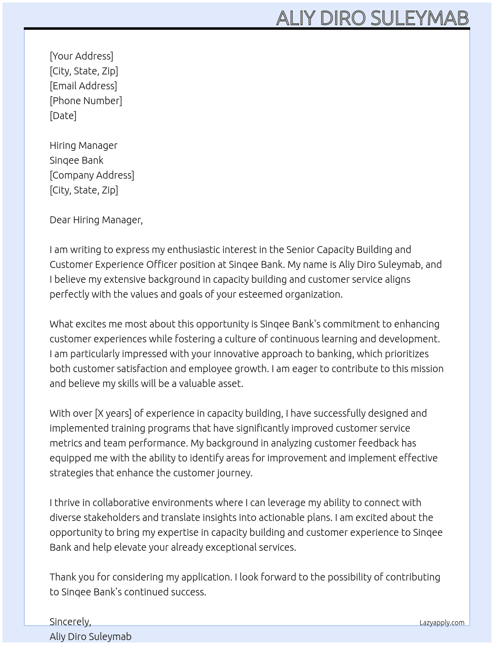 Senior Capacity Building and Customer experience officer  At Sinqee Bank Cover Letter
