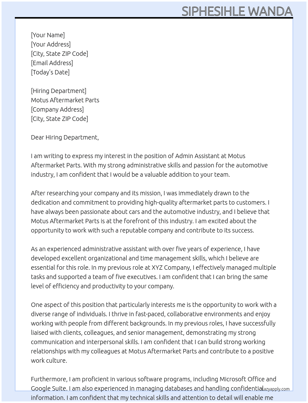 admin assistant At Motus aftermarket parts Cover Letter
