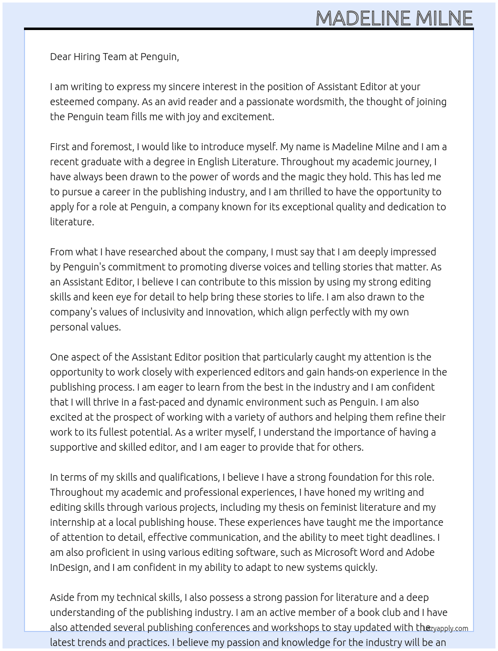 Assistant Editor  At Penguin  Cover Letter