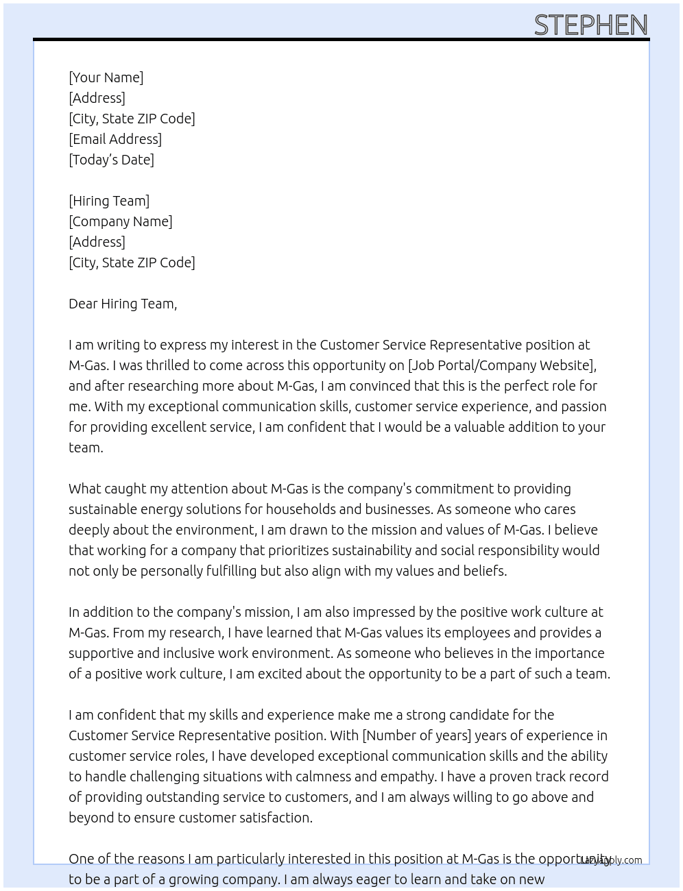 Customer Service Representative At M-Gas Cover Letter