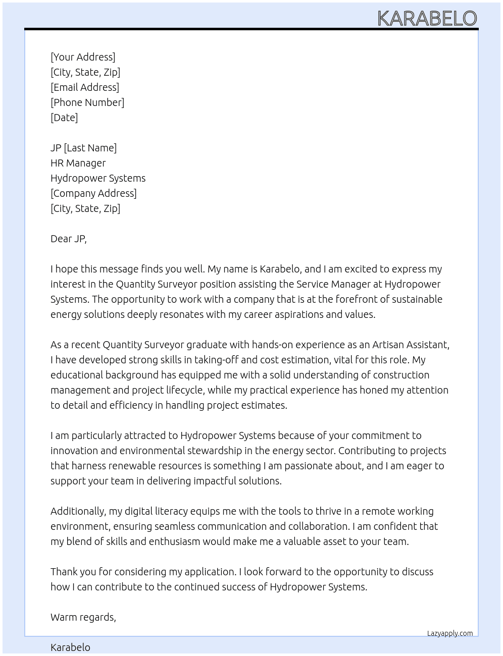 Quantity surveyor assisting service manager At Hydropower systems Cover Letter
