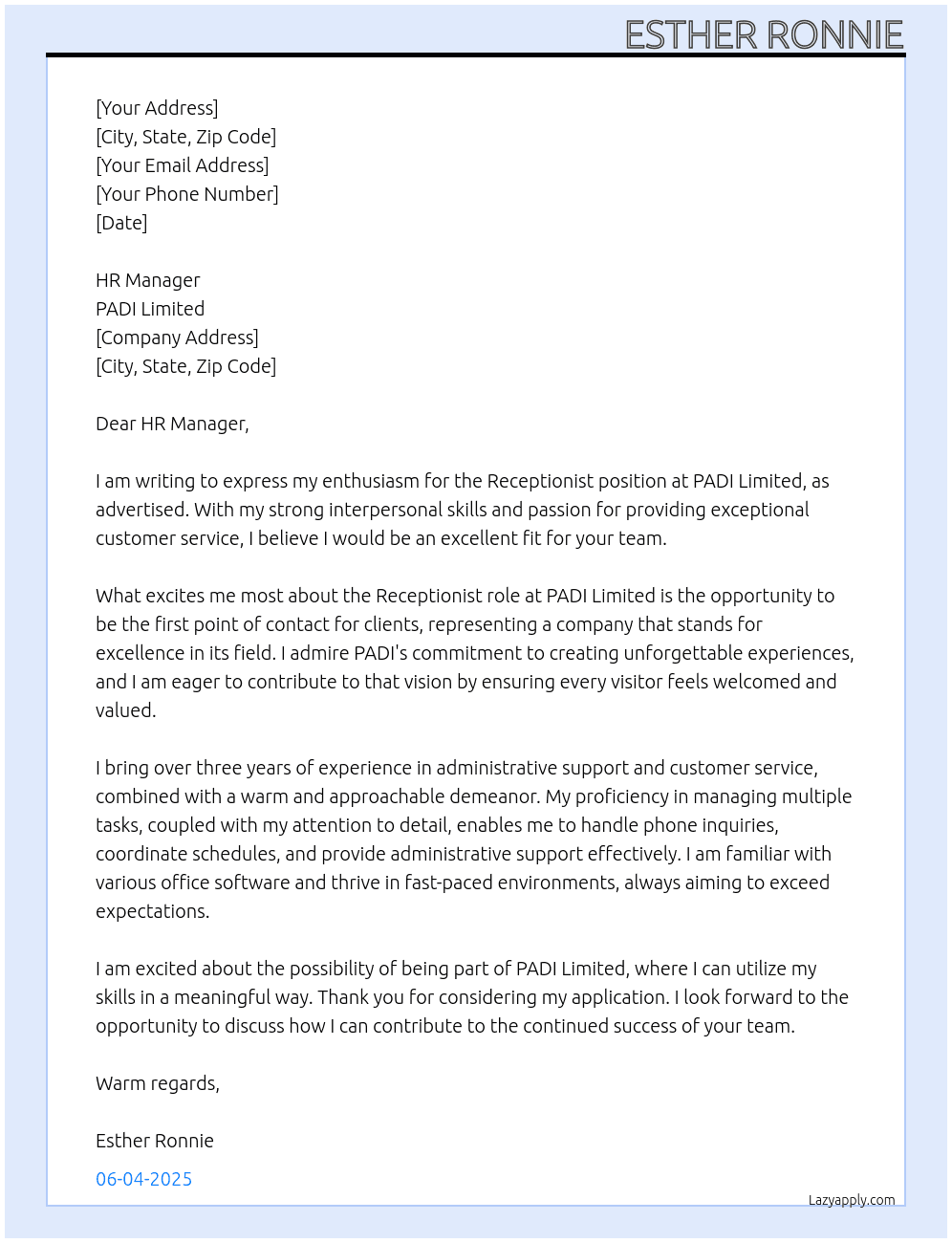 Receptionist  At PADI Limited  Cover Letter
