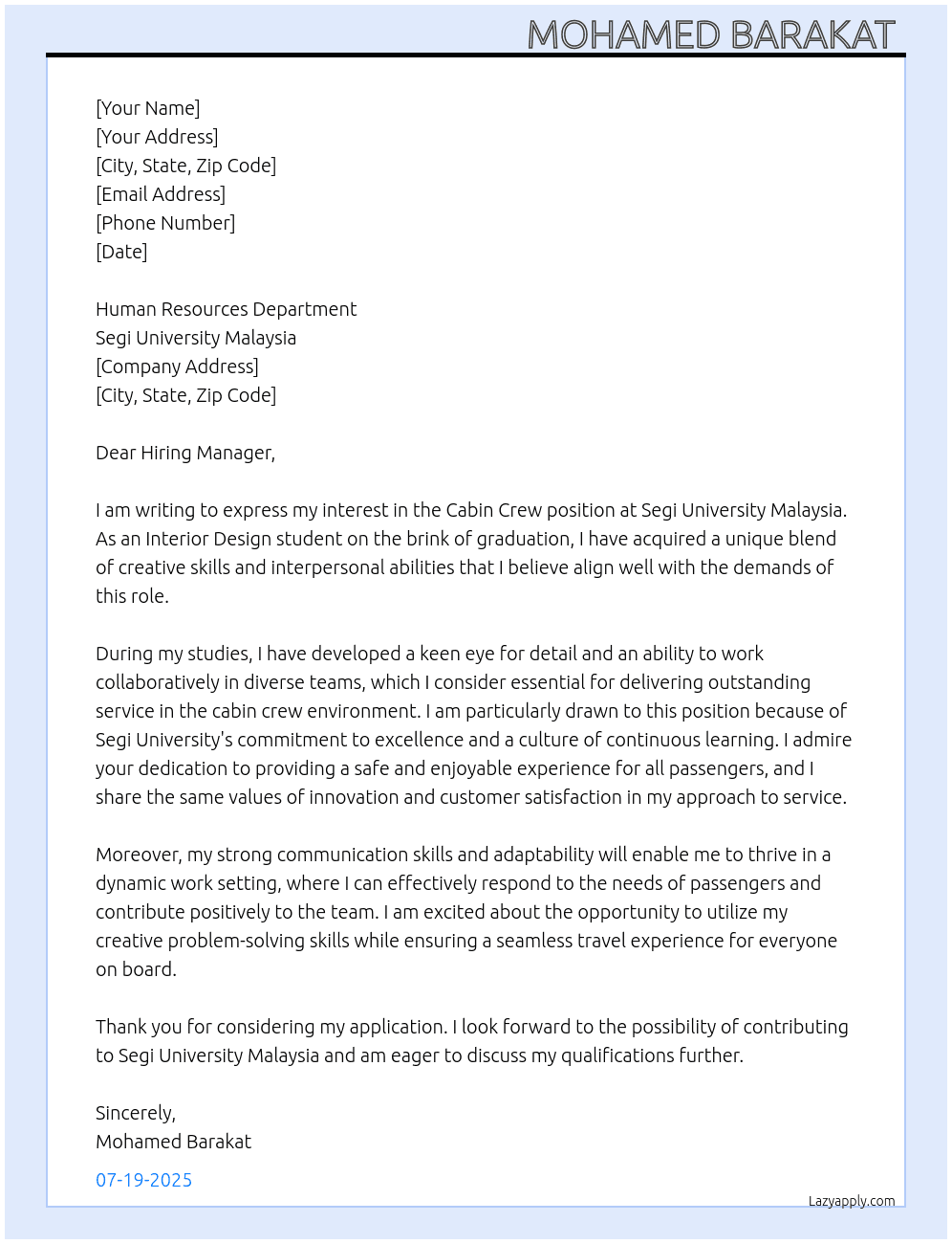 Cabin crew  At Segi University Malaysia  Cover Letter
