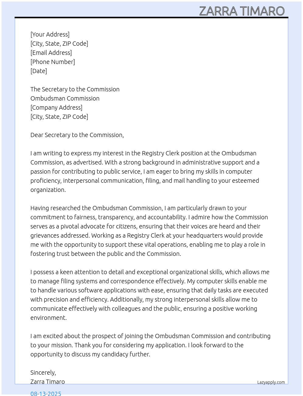 Registry Clerk At Ombudsman Commission Cover Letter