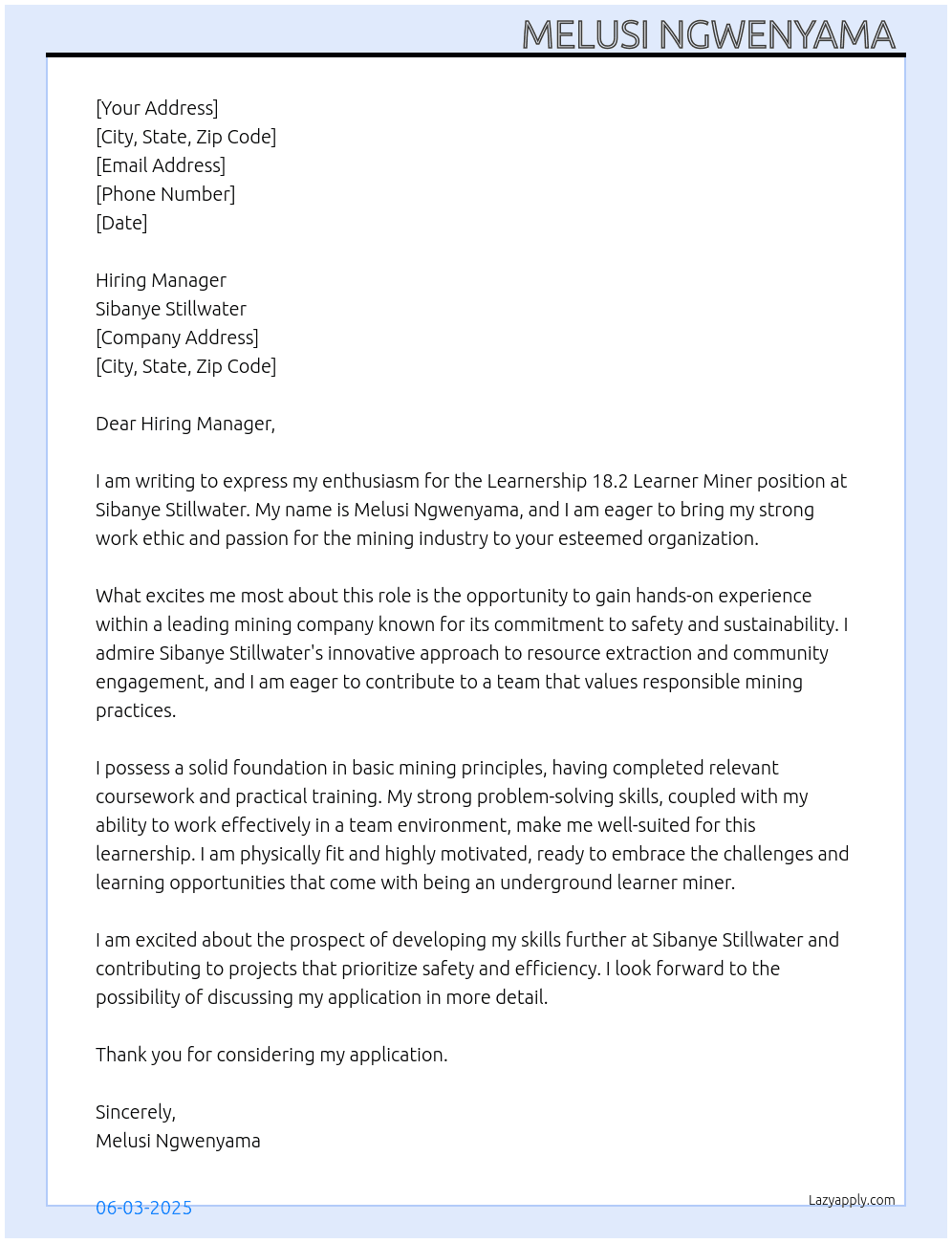 Learnership 18.2 learner miner At Sibanye Stillwater  Cover Letter