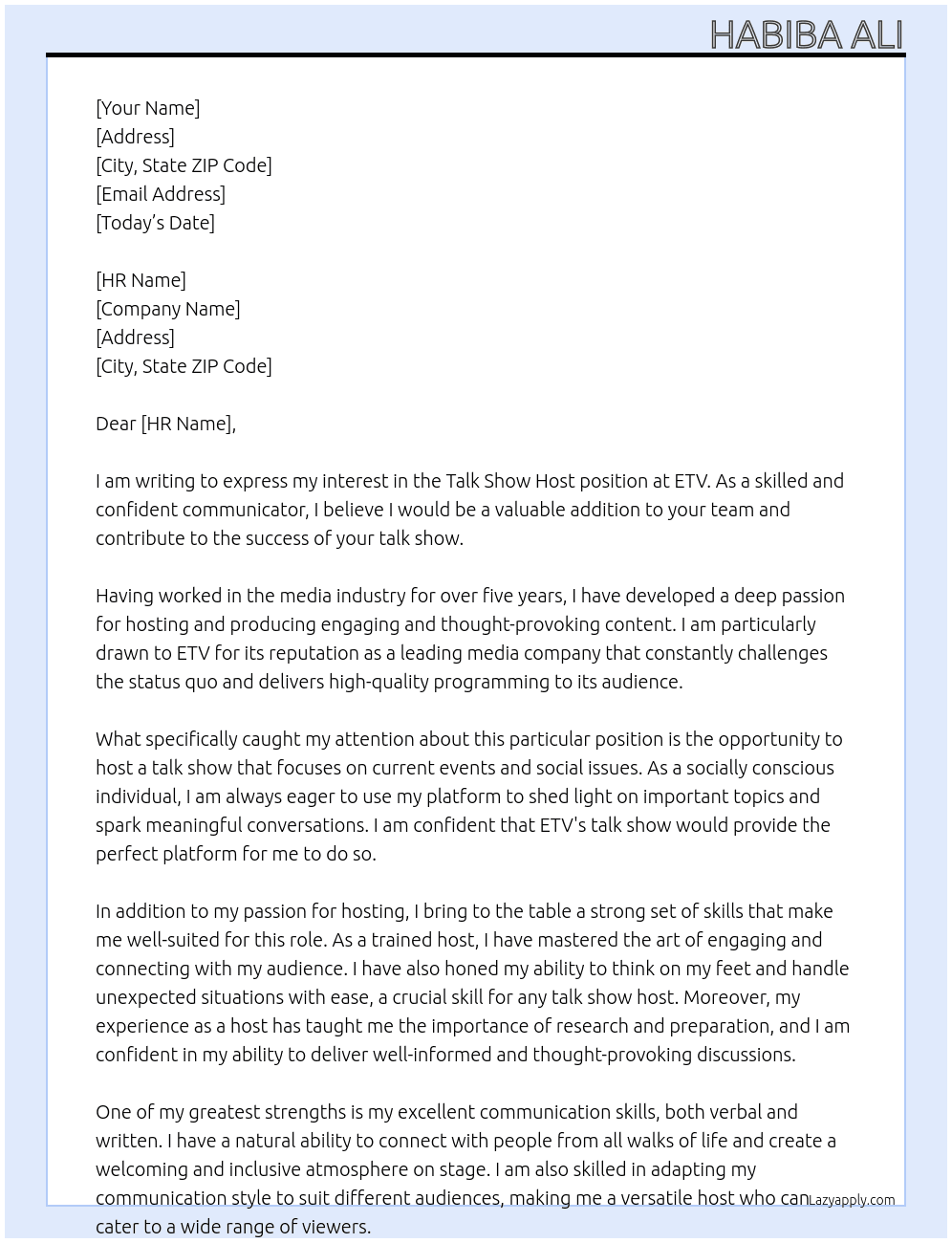 talk show host At ETV Cover Letter