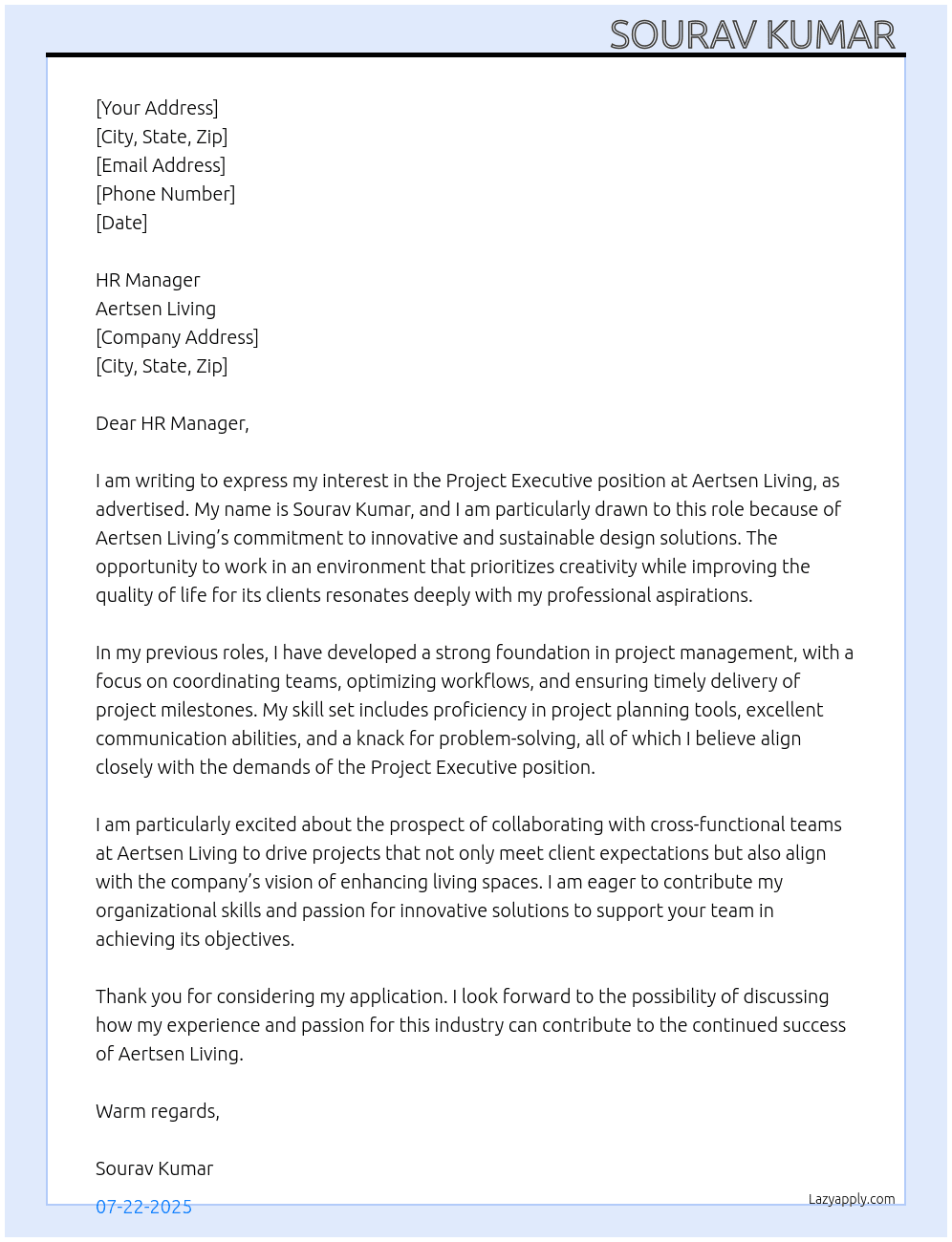 Project Executive  At Aertsen Living Cover Letter