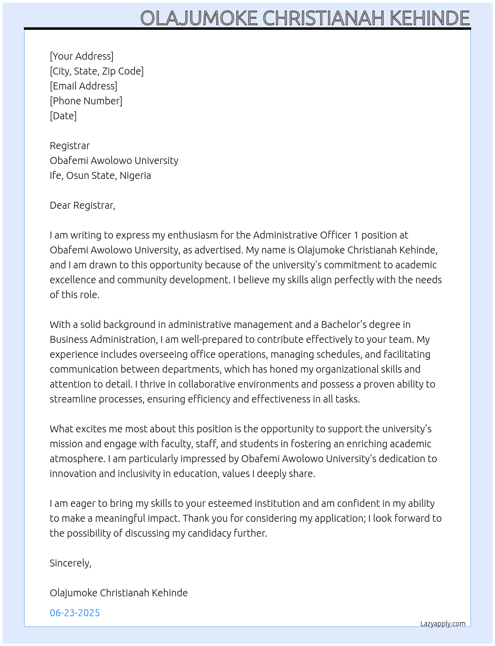 Administrative Officer 1 At Obafemi Awolowo University  Cover Letter