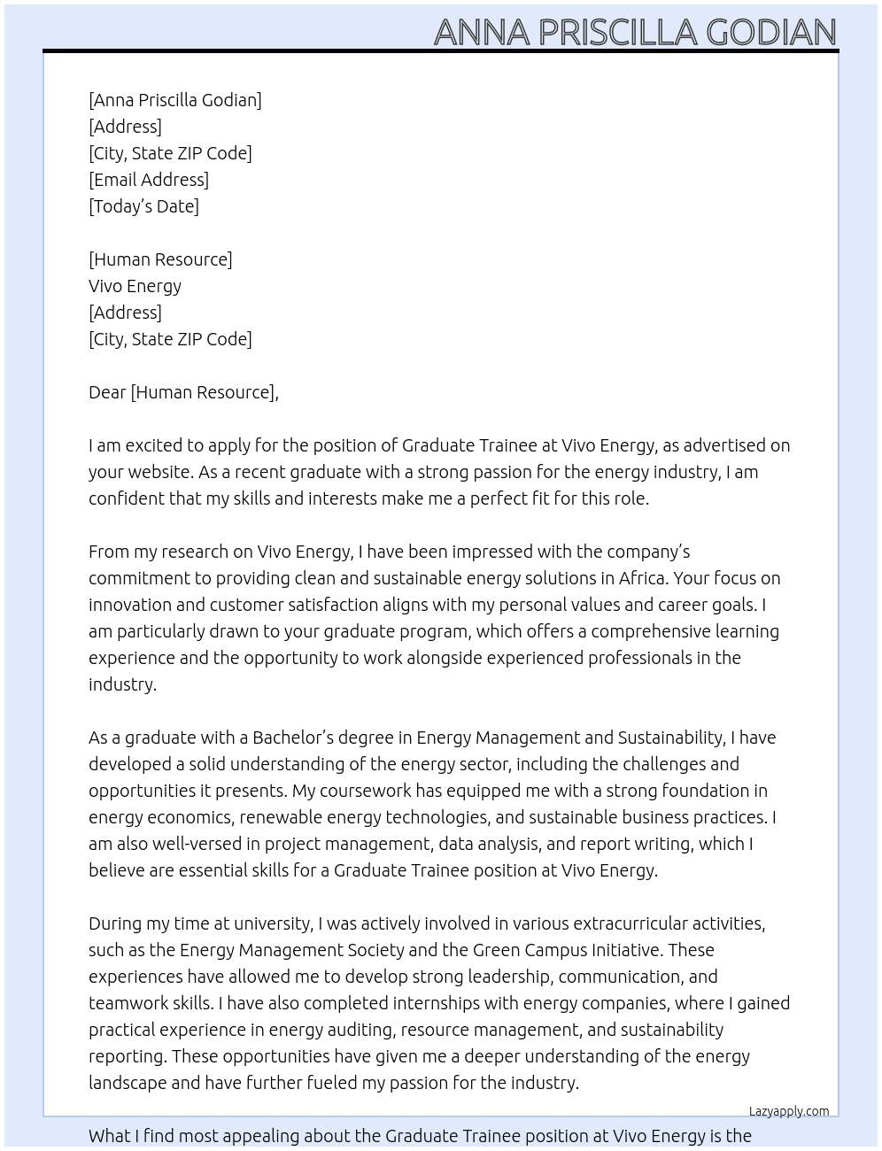 Graduate Trainee At Vivo Energy Cover Letter