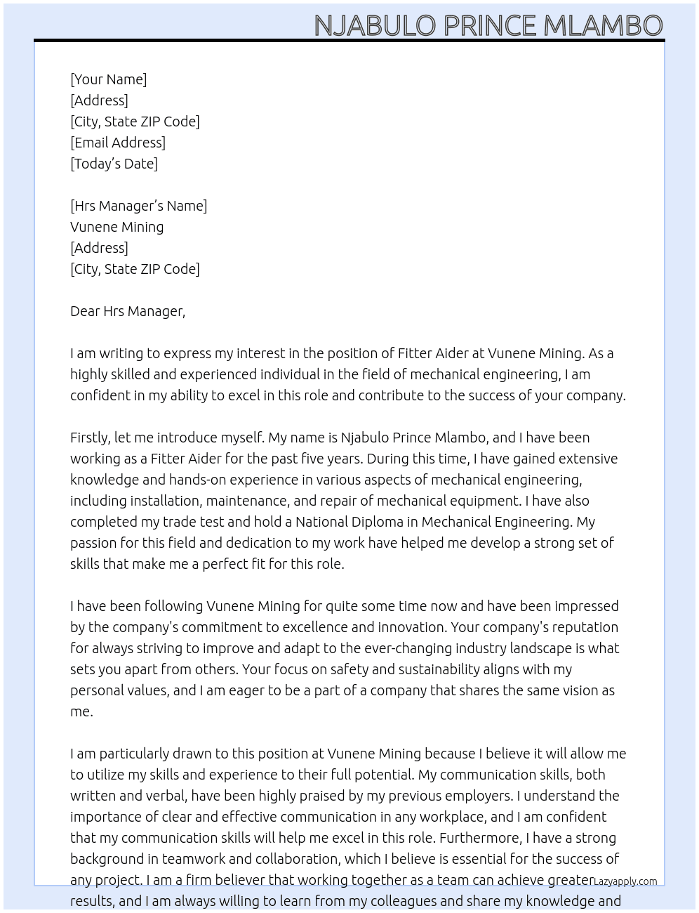 FITTER AIDER At Vunene Mining Cover Letter