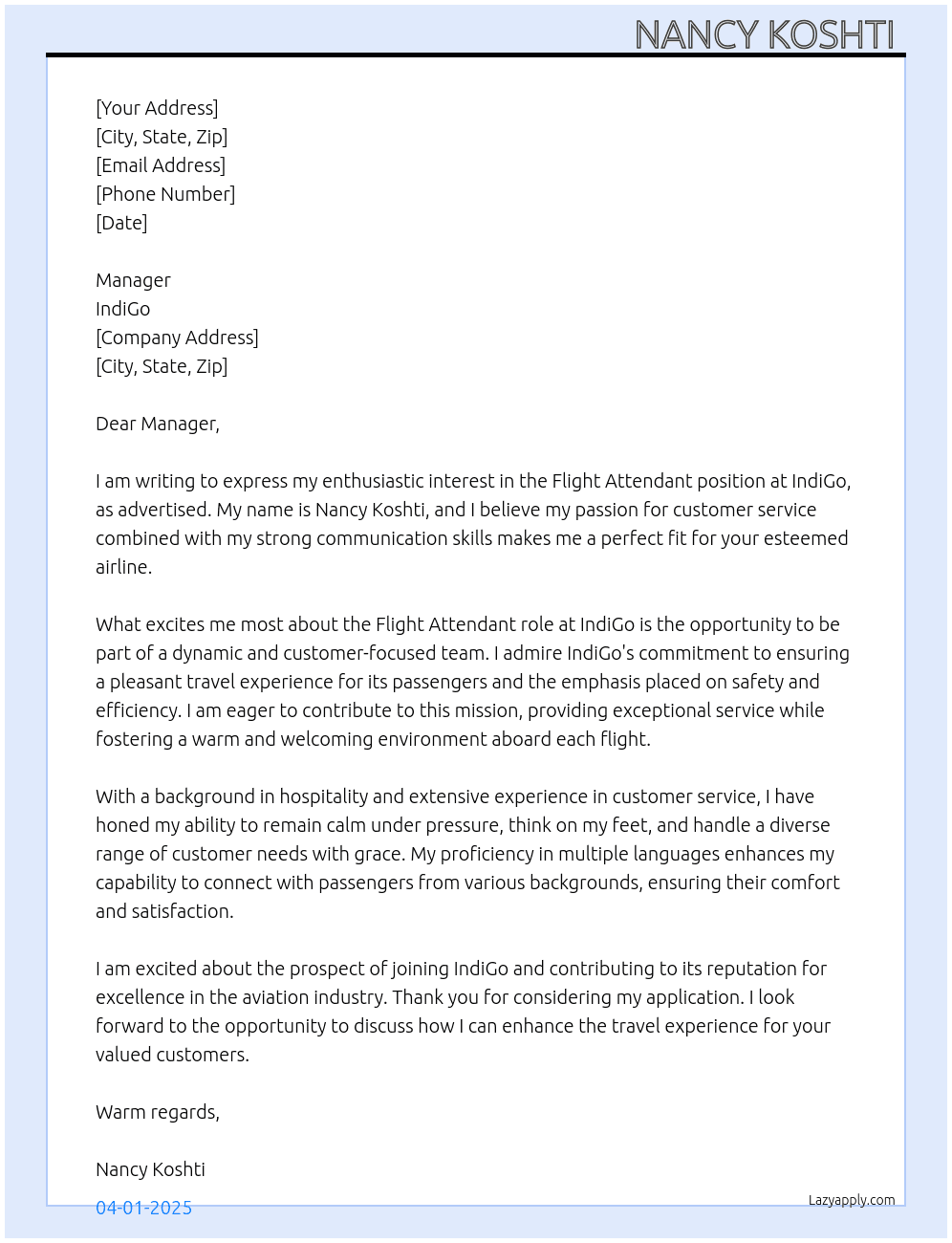 Flight attendant At Indigo Cover Letter