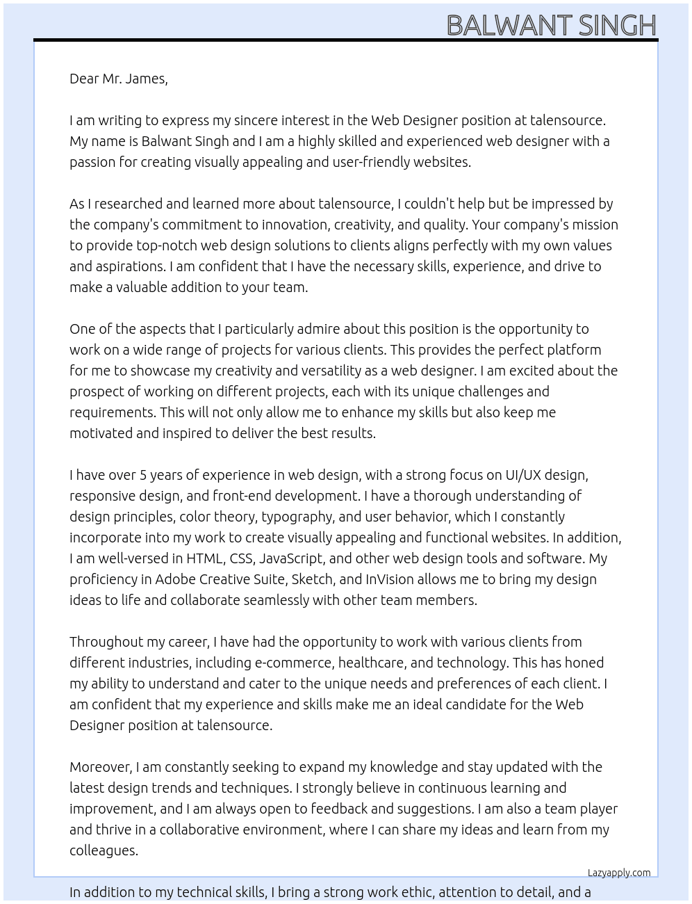 Web Designer At talensource Cover Letter
