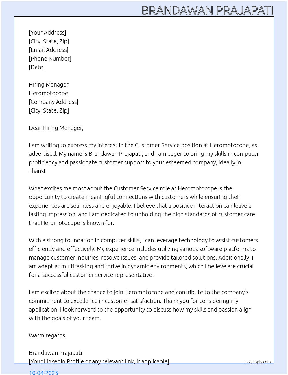Customer service  At Heromotocope Cover Letter