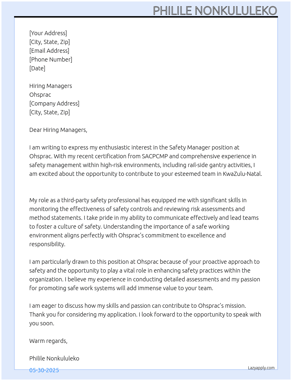 Safety Managers At Ohsprac  Cover Letter
