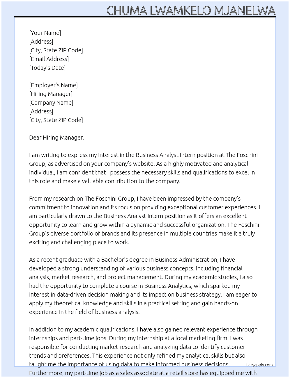 Business Analyst Intern At The Foschini Group  Cover Letter