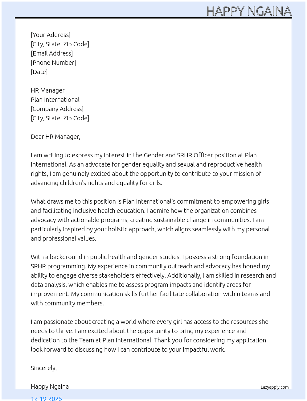 Cover letter for gender and srhr officer - LazyApply