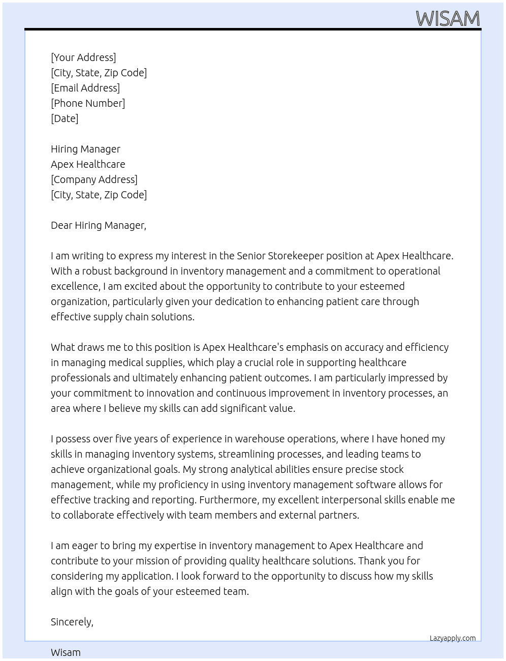 senior storekeeper At Apex healthcare Cover Letter