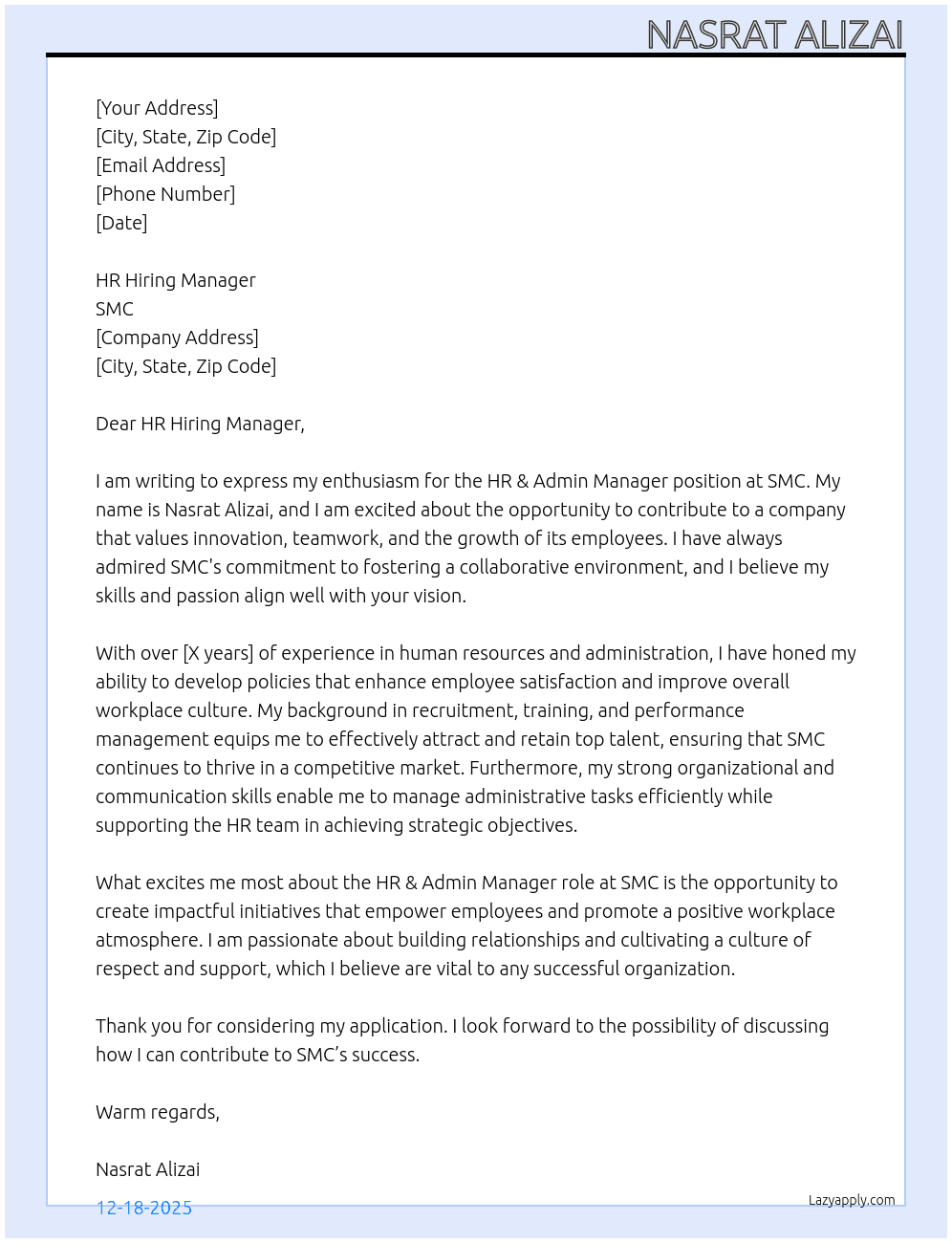 HR & Admin Manager  At SMC Cover Letter