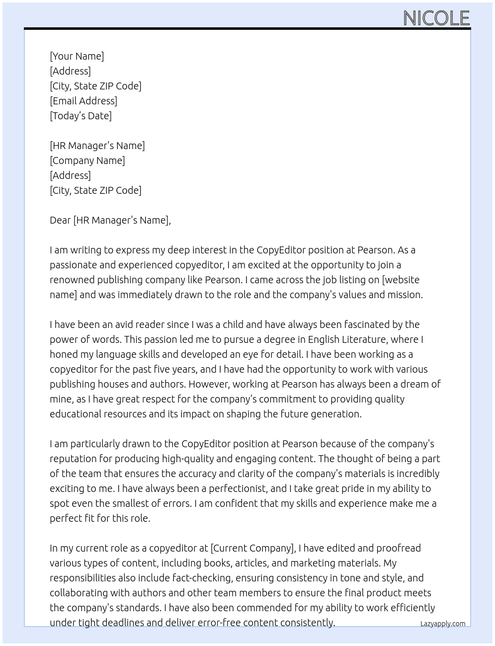 Cover letter for copyeditor - LazyApply