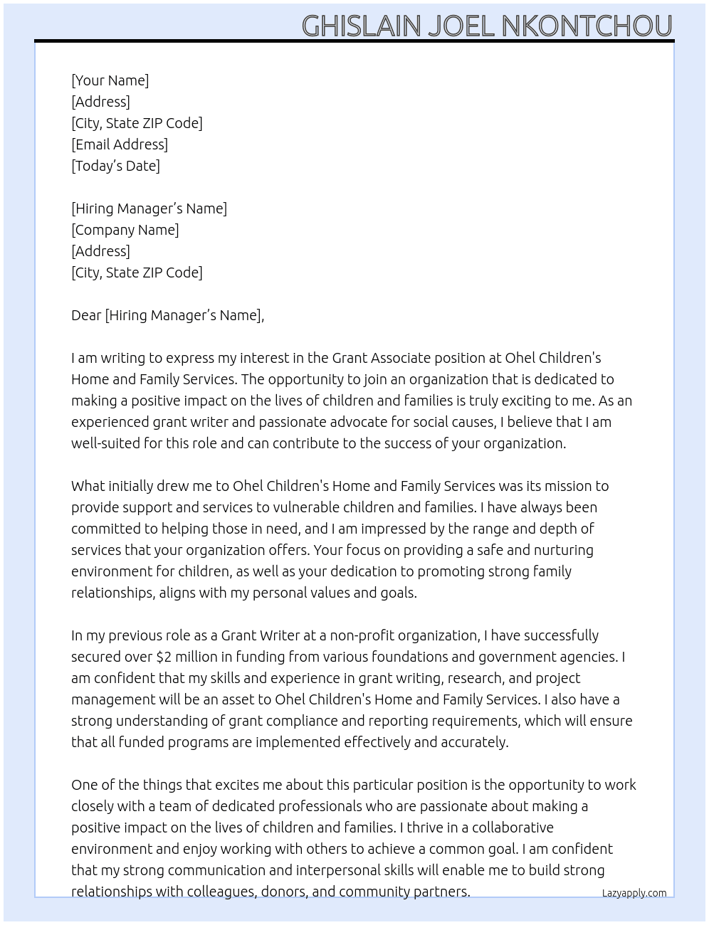 Grant Associate At Ohel Children's home and family services Cover Letter