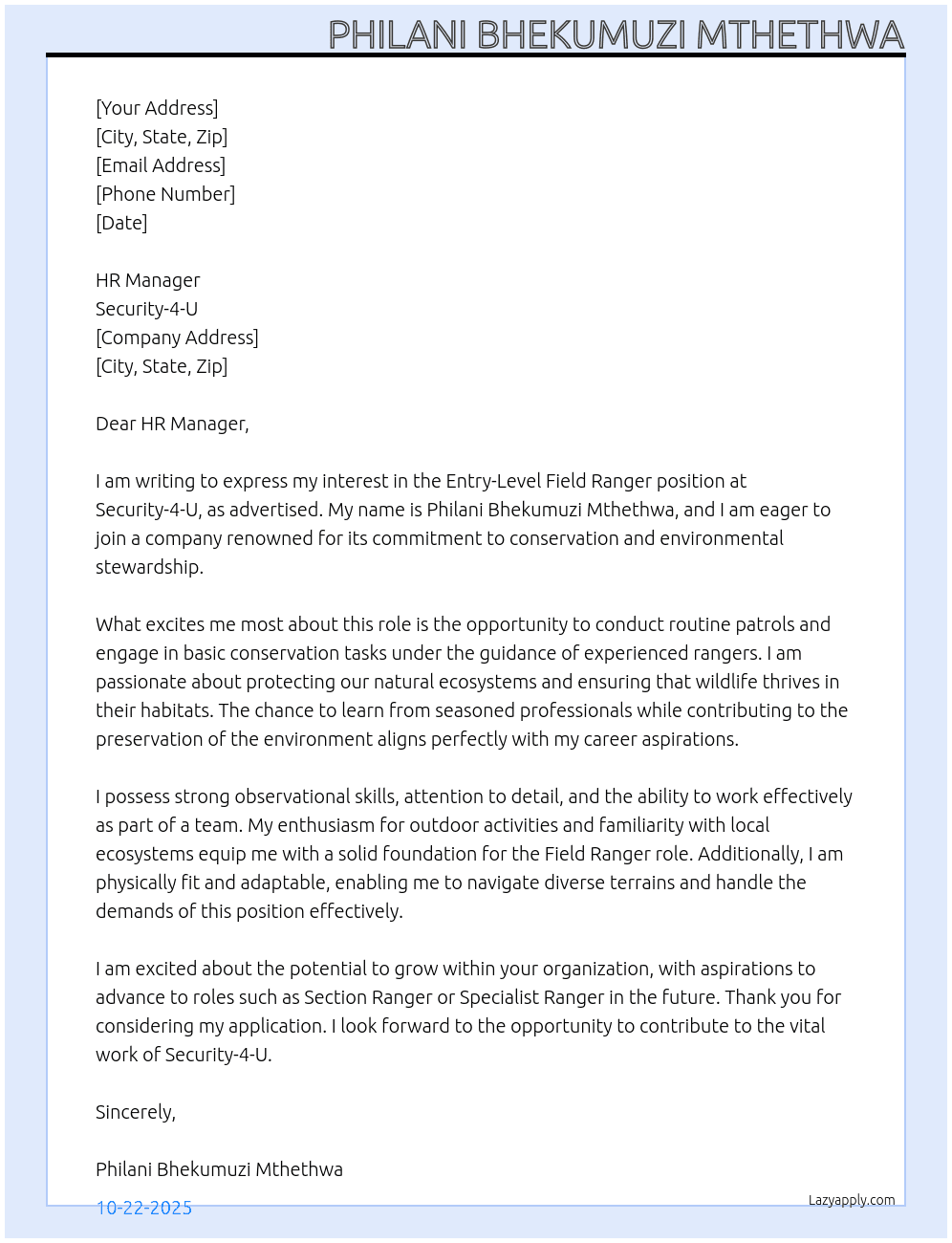 Cover letter for field ranger - LazyApply