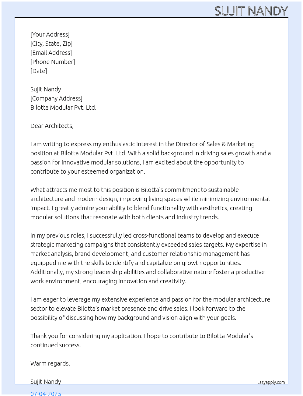 Director Sales & Marketing At Bilotta Modular Pvt. Ltd Cover Letter