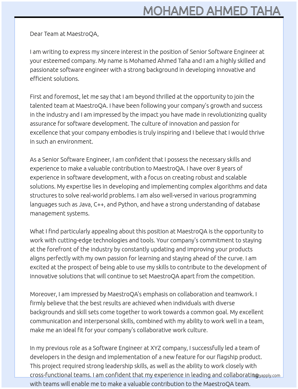 Senior Software Engineer At MaestroQA Cover Letter