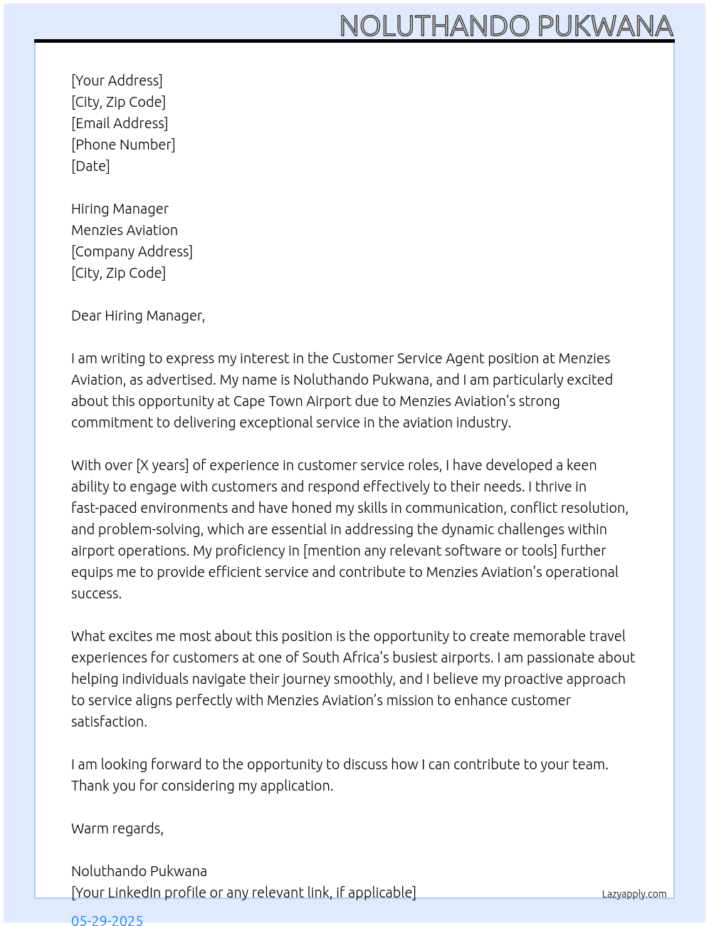 Customer service agent At Menziesaviation Cover Letter