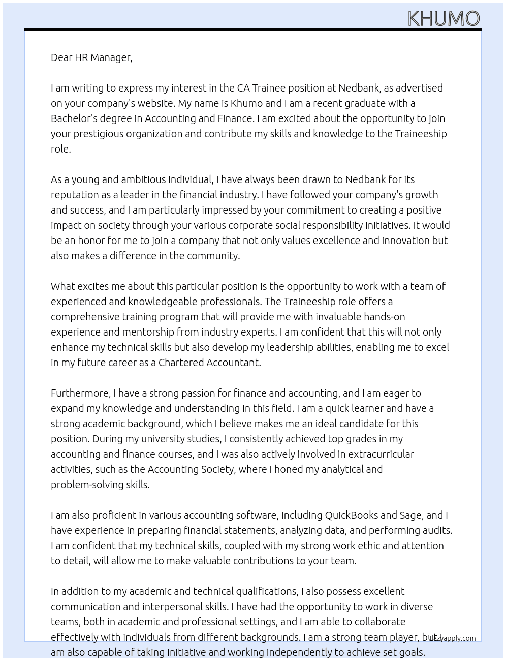 CA Trainee At Nedbank  Cover Letter