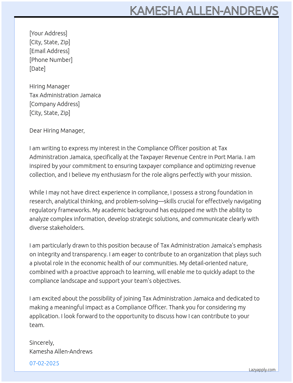 Compliance Officer At Tax Administration Jamaica Cover Letter