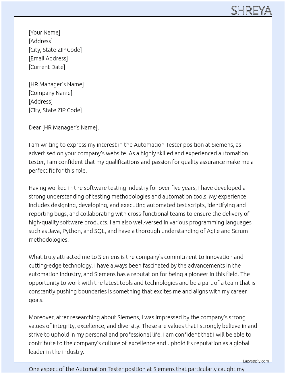 automation tester At siemens Cover Letter