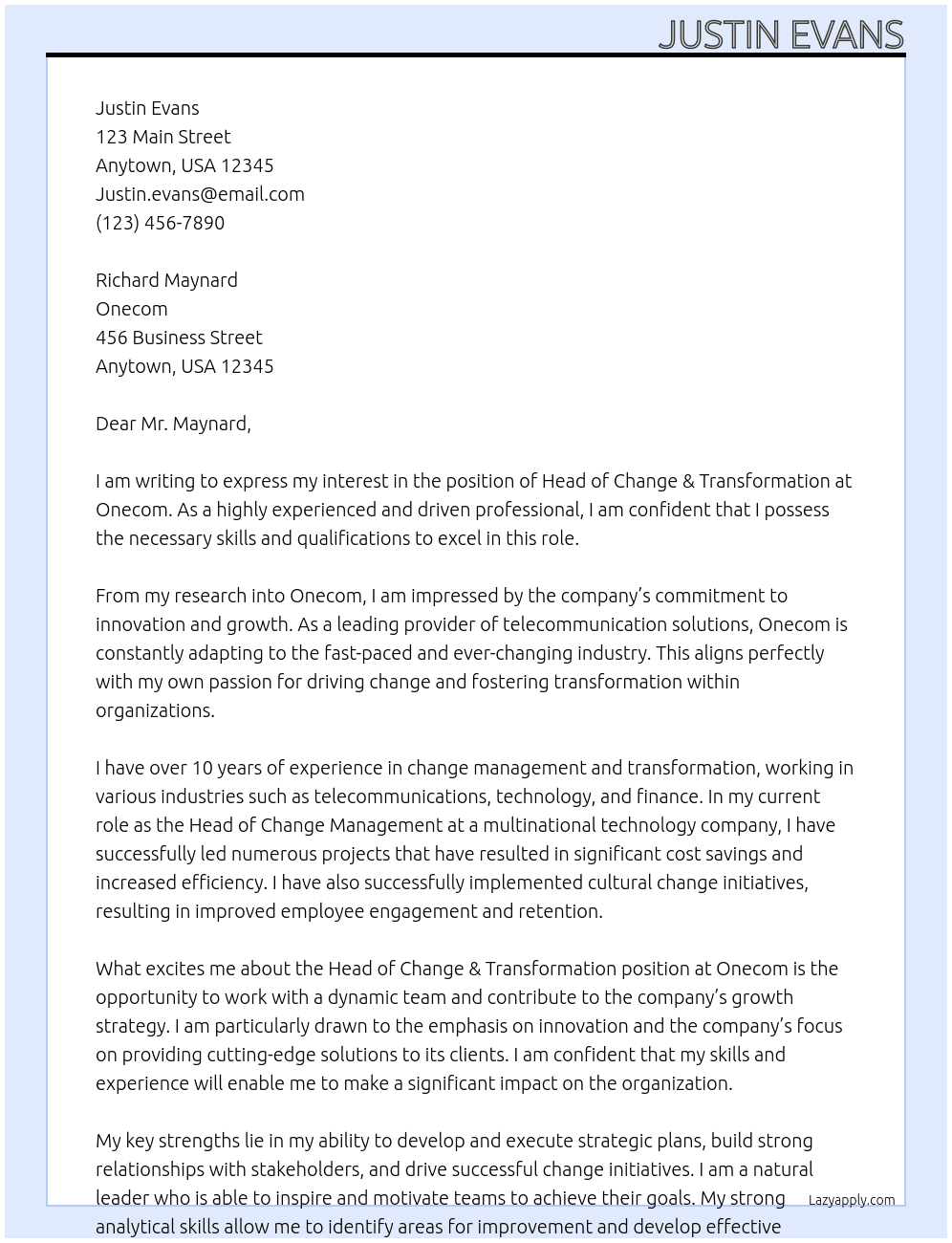 Cover letter for head of change & transformation - LazyApply